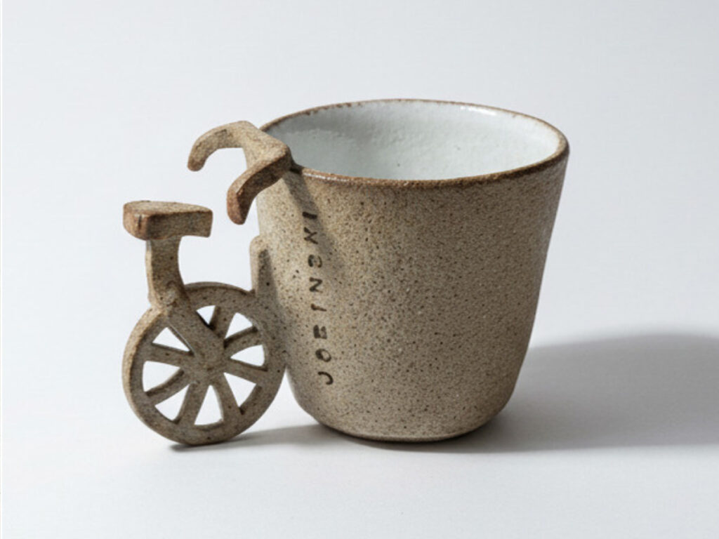 Handgefertigte Keramiktasse aus Steingut mit kreativem Fahrrad-Henkel, gefertigt im Keramikatelier Tonga – individuelle Keramik und Töpferkunst aus München.