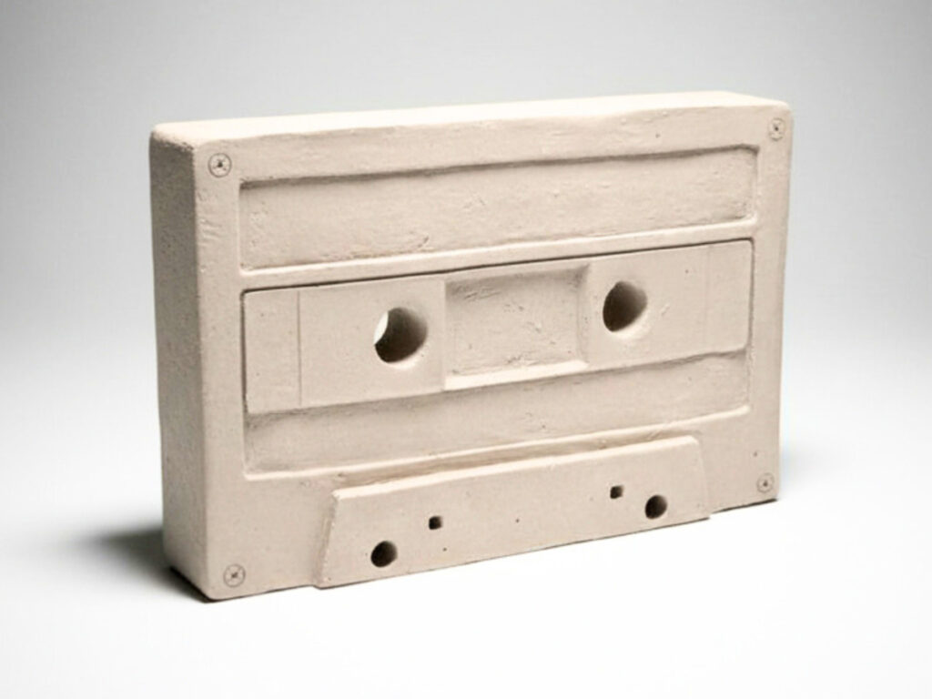 Handgefertigte Keramik-Skulptur in Form einer Audiokassette – kreative Töpferarbeit aus dem Keramikkurs im Atelier Tonga.