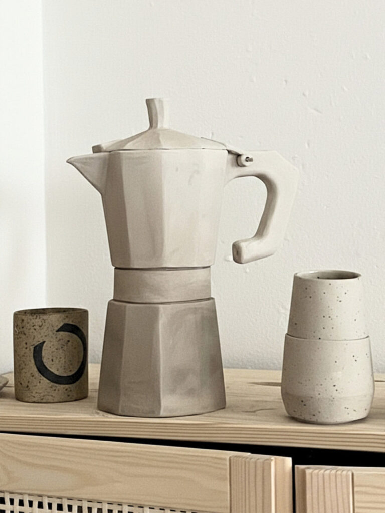 Keramikbecher und handgefertigte Tassen aus dem Keramikatelier Tonga neben einer Espressokanne – individuelle Keramik für den Alltag.